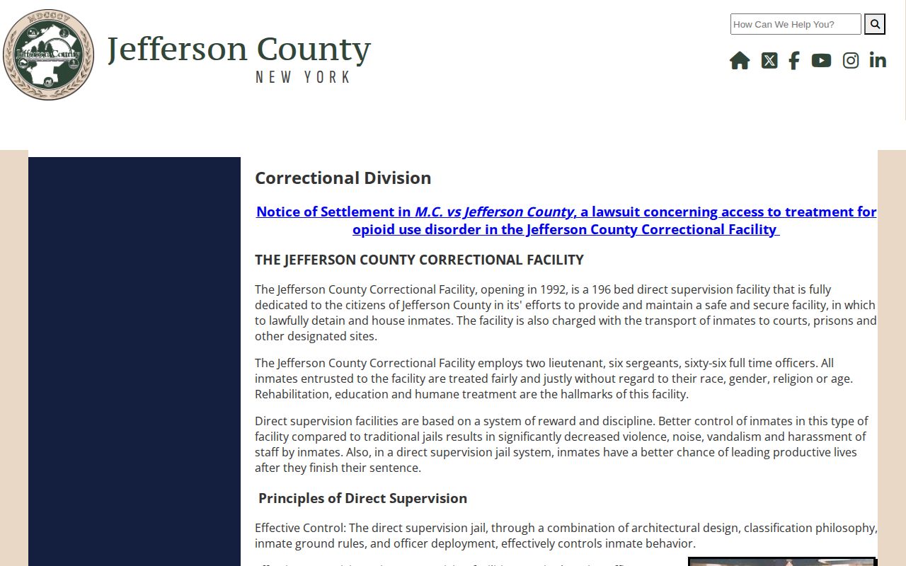Jefferson County Correctional Facility booking and custody record source