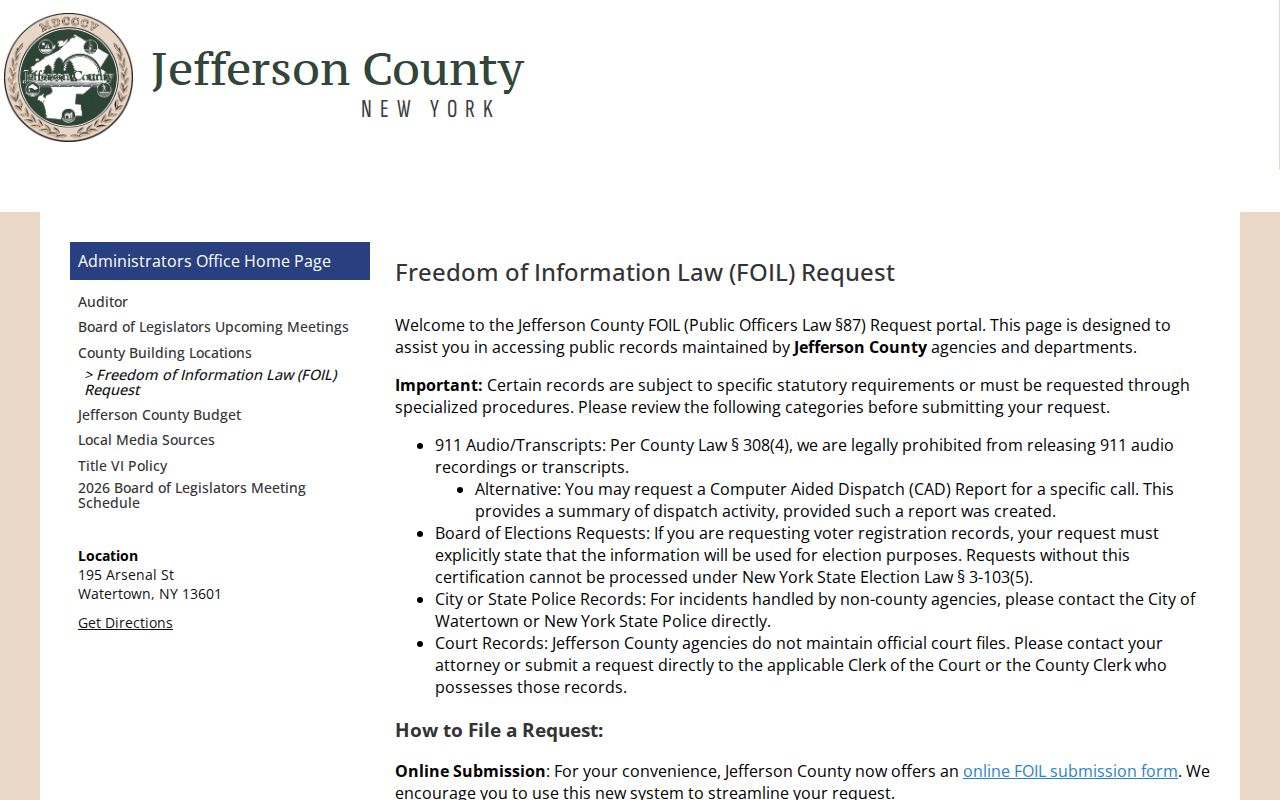 Jefferson County booking record FOIL request information