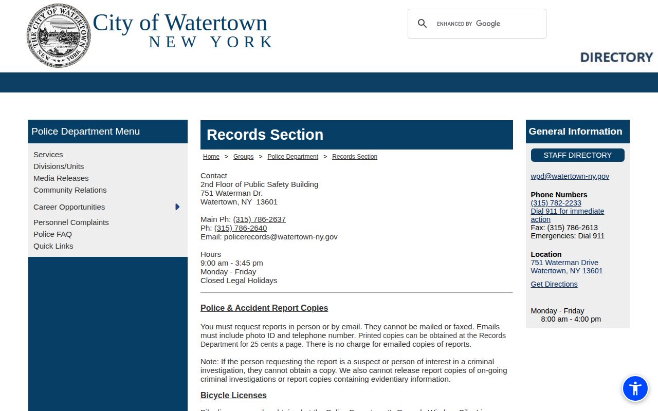 Watertown Police Records Section for Jefferson County arrest-record requests